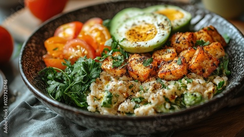 Healthy breakfast bowl with scrambled eggs, seasoned tofu, fresh greens, and cherry tomatoes on a wooden table