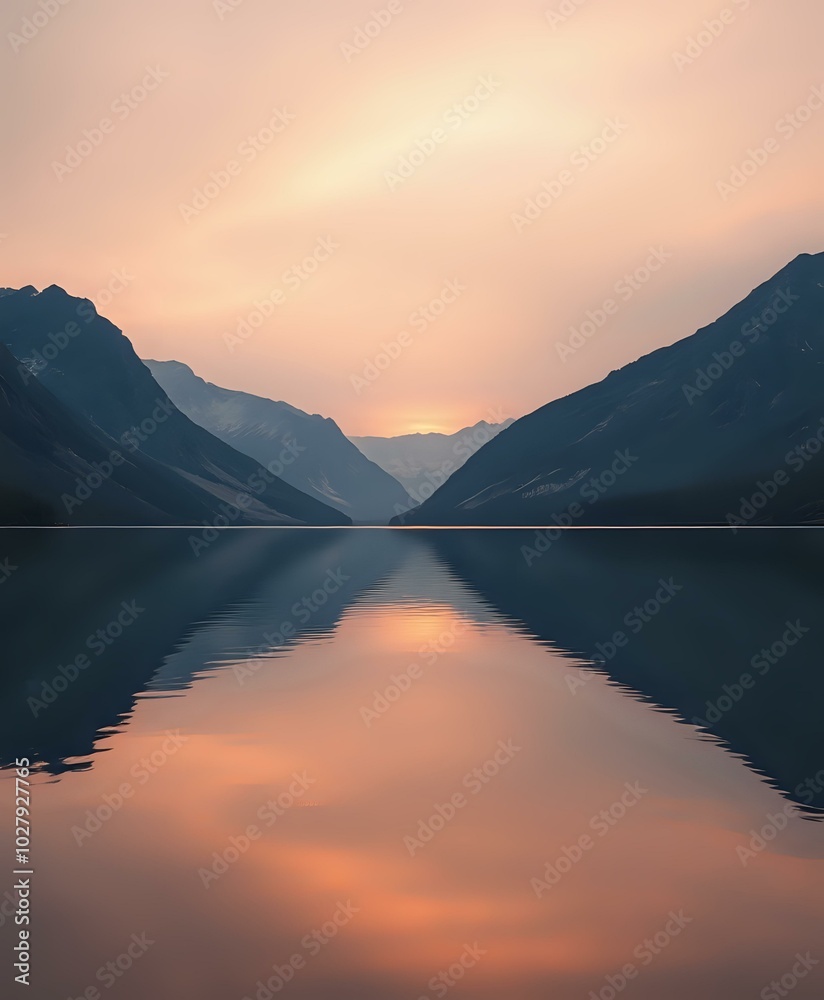 Fototapeta premium Majestic Mountain Lake Sunset with lone figure - AI Generated