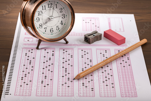 Exam, a hand taking an exam with a pen on an optical reader. Exam, an idea concept. Anxiety about the future, uncertainty. Multiple choice exam. Adults taking an exam. photo