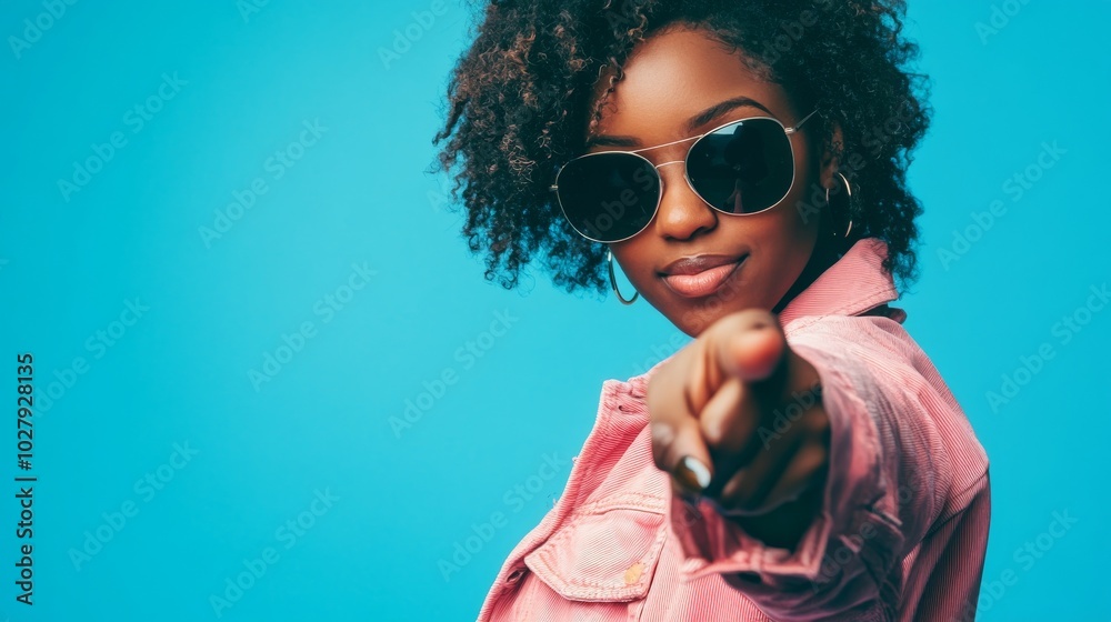 Photo of a happy woman in a pink jacket and sunglasses on blue background. Photo of a happy woman in a pink jacket and sunglasses on blue background.