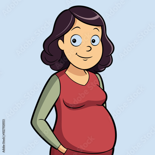 Cartoon pregnant woman smiling with hand in pocket