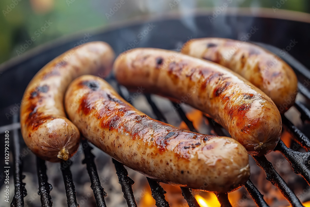 Close-up of sausages grilling over an open flame on a barbecue. Concept of outdoor cooking, summer grilling, and savory food preparation Close-up of sausages grilling over an open flame on a barbecue. Concept of outdoor cooking, summer grilling, and savory food preparation