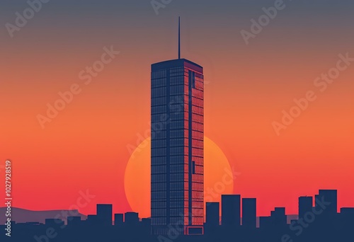 Sunset City Skyline with Glass Tower Reflection photo