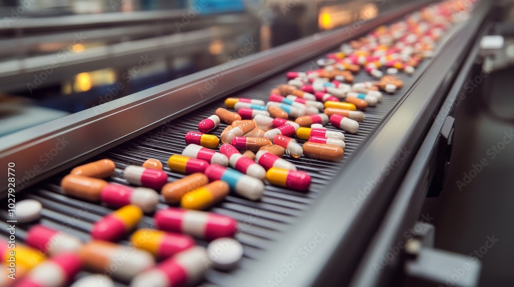 The white pills on a conveyor belt in a medical production line at a modern factory plant. The white pills on a conveyor belt in a medical production line at a modern factory plant.