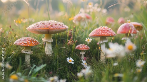 A field of wild mushrooms, each different in shape and size, surrounded by grass and flowers.