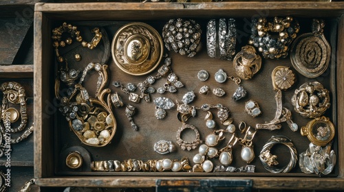 A flat-lay of a jewelry box filled with gold and silver treasures, photographed from above.