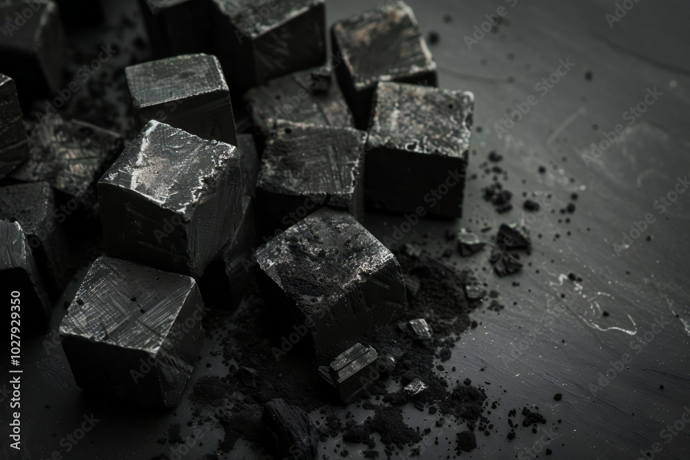 Charcoal Cubes on Dark Background with Fine Granules Charcoal Cubes on Dark Background with Fine Granules