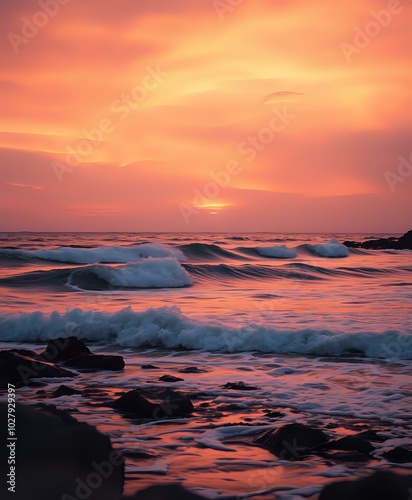 Breathtaking Sunset Over Ocean Waves, Golden Hour Coastal Scene