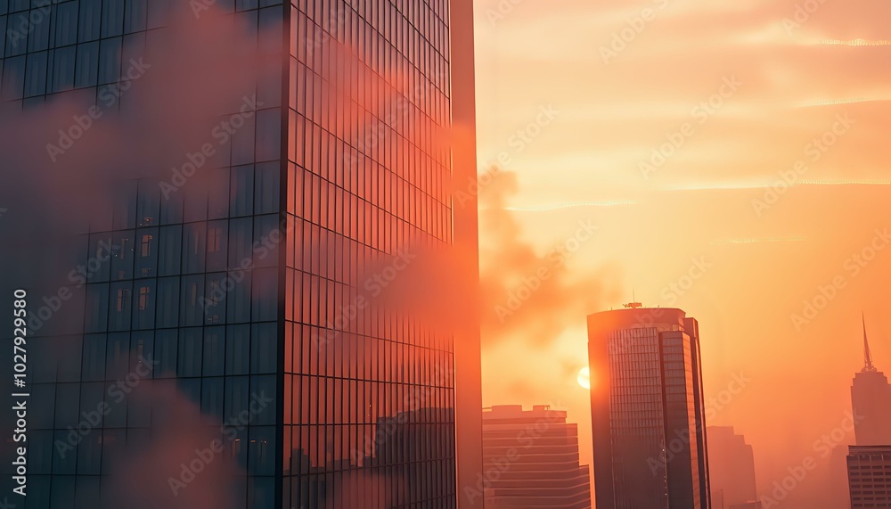 Stunning Cityscape at Sunset: Iconic Skyscraper Reflecting Warm Hues Stunning Cityscape at Sunset: Iconic Skyscraper Reflecting Warm Hues