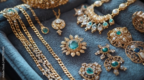 A flat-lay of gold chains, gemstone rings, and intricate earrings, arranged on soft velvet.