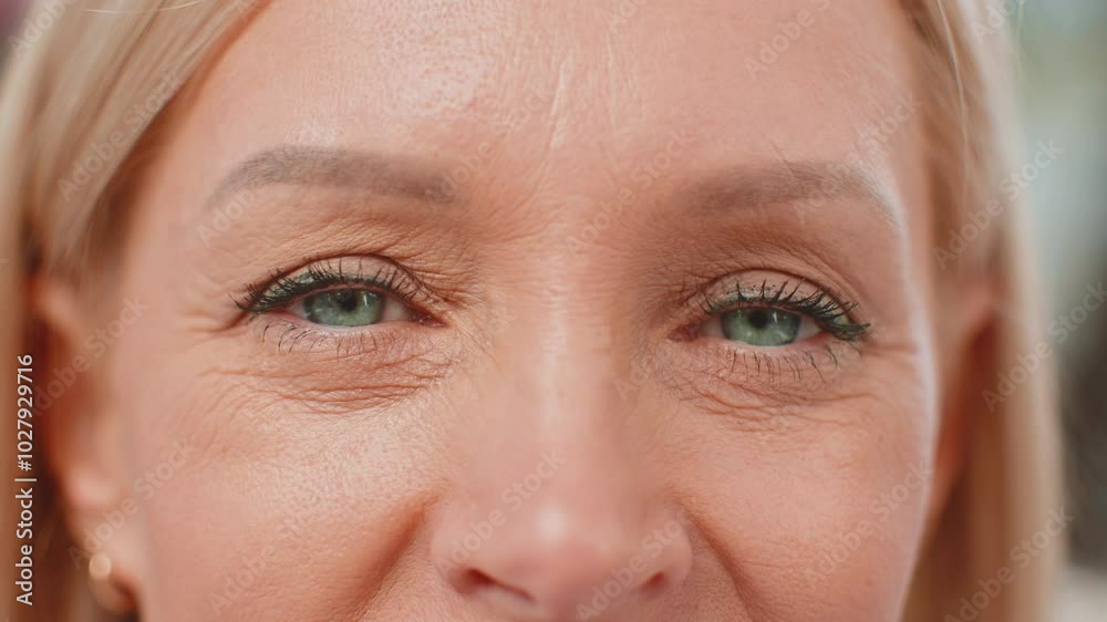 Close-up macro portrait of natural beauty mature beautiful woman's eyes, smiling looking at camera. Gray eyes of woman face, lady female model. Employer with wrinkles opening blinking her eyes.