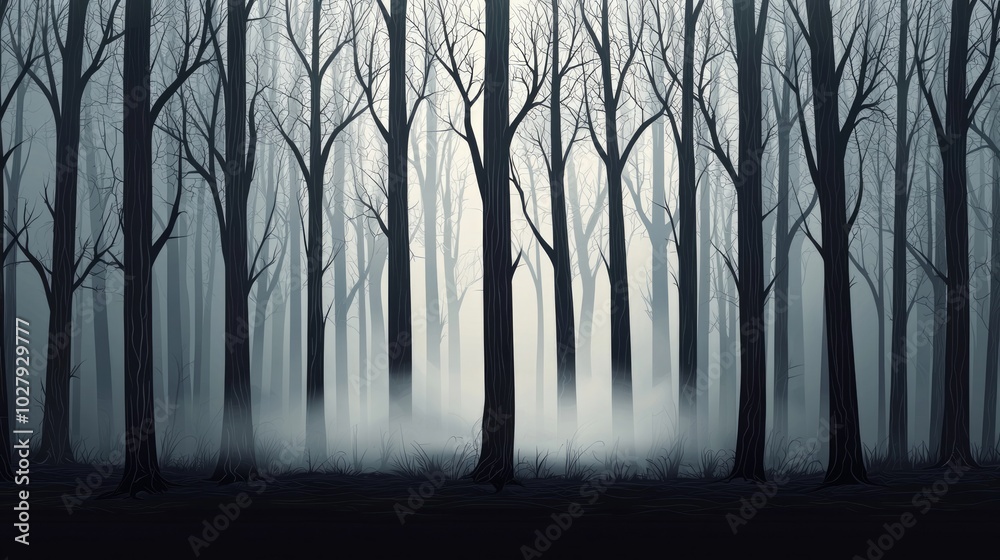 Eerie forest scene with tall, bare trees shrouded in mist and shadows, creating a mysterious atmosphere. Eerie forest scene with tall, bare trees shrouded in mist and shadows, creating a mysterious atmosphere.