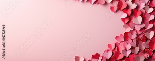 Romantic card design with paper hearts in various shades of pink on a soft pink background photo