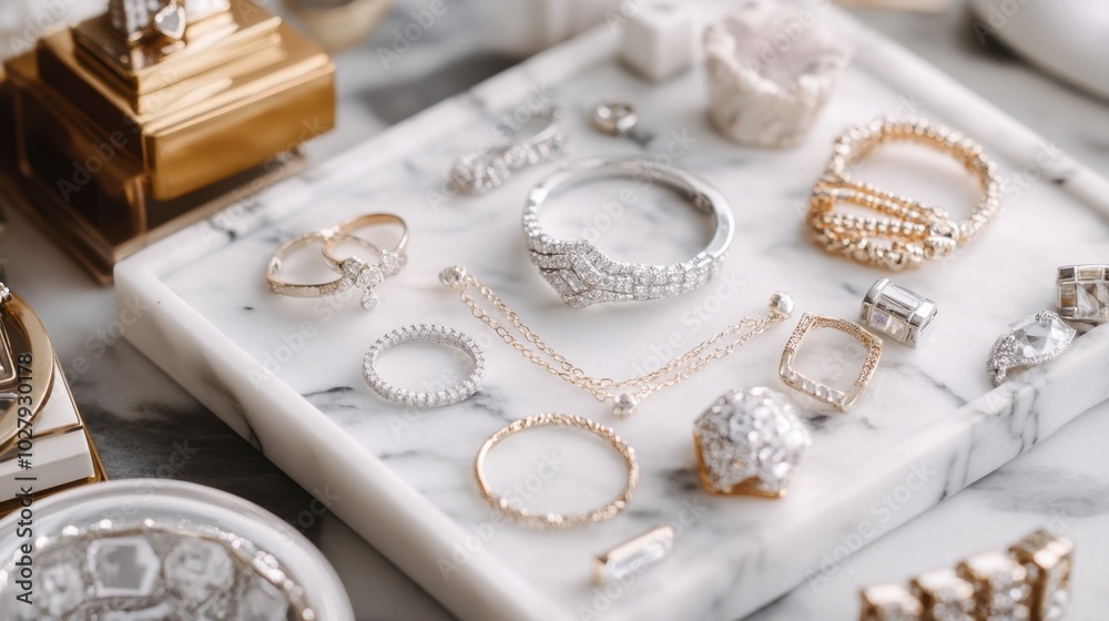 A flat-lay of various jewelry items, including silver rings and gold necklaces, arranged on a marble tray. A flat-lay of various jewelry items, including silver rings and gold necklaces, arranged on a marble tray.