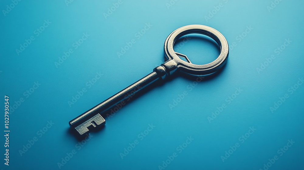 A key against a blue background, symbolizing safety and data protection in digital and cyber contexts.