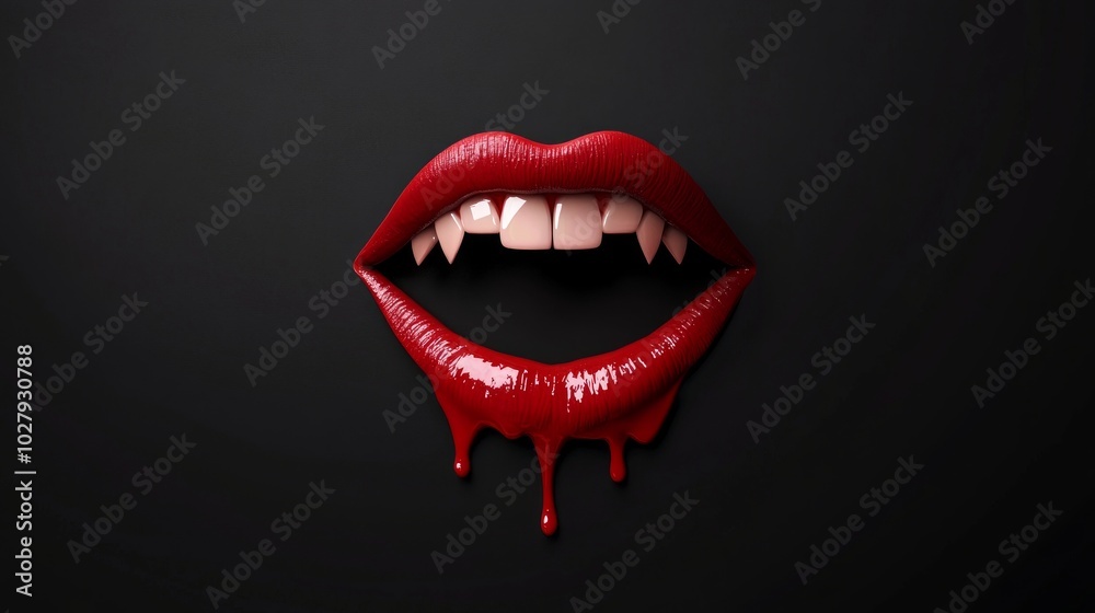 Naklejka premium Vampire lips with glossy red lipstick, fangs, and blood dripping against a black background.