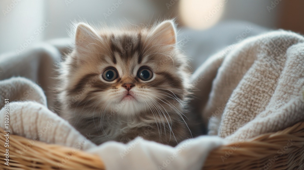 Obraz premium A fluffy kitten sitting in a basket, looking out with wide eyes as it is surrounded by soft blankets.