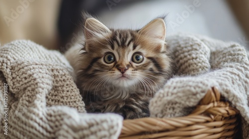 A fluffy kitten sitting in a basket, looking out with wide eyes as it is surrounded by soft blankets.