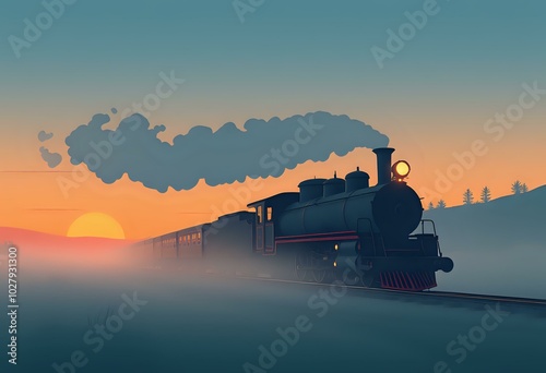 Majestic Steam Locomotive Chugging Through Mountains at Sunset - Vintage-Style Train Photography