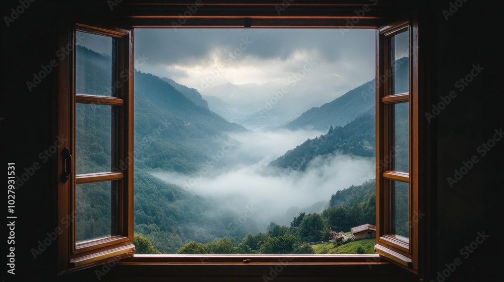 A foggy mountain view from an open window, with fresh morning air and mist hanging in the valley. A foggy mountain view from an open window, with fresh morning air and mist hanging in the valley.
