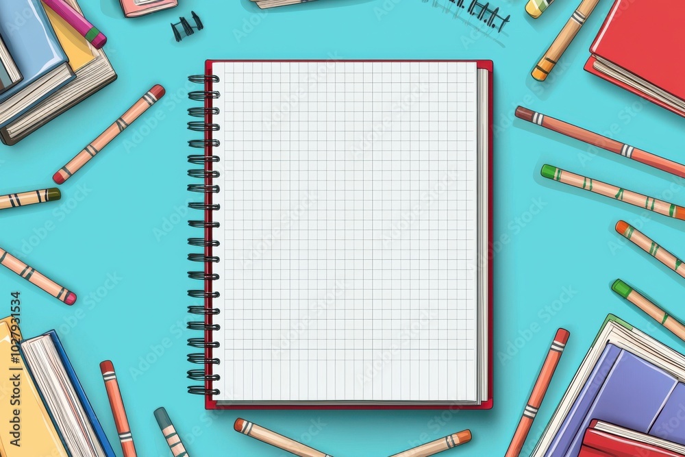 Flat design of an empty school notebook surrounded by colorful stationery items on a vibrant blue background Flat design of an empty school notebook surrounded by colorful stationery items on a vibrant blue background