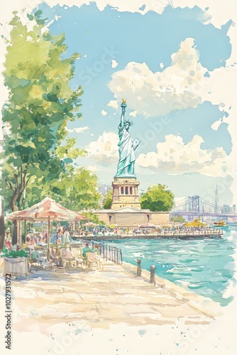 Gouache Illustration of Liberty Island on a Sunny Morning, Vintage Vogue Style Generative AI