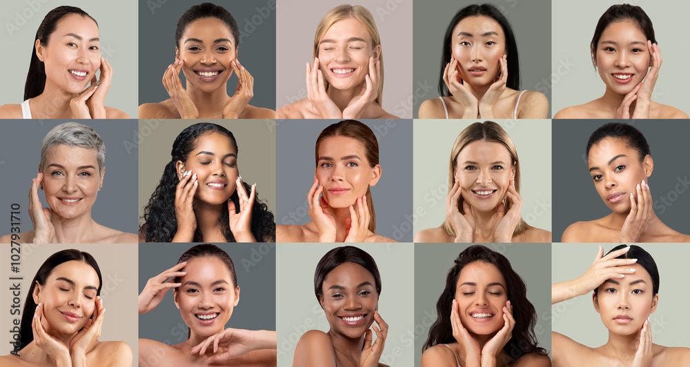 A collection of diverse women demonstrating their skincare routines. Each individual displays a joyful expression while gently applying products, highlighting different skin types and ages. A collection of diverse women demonstrating their skincare routines. Each individual displays a joyful expression while gently applying products, highlighting different skin types and ages.