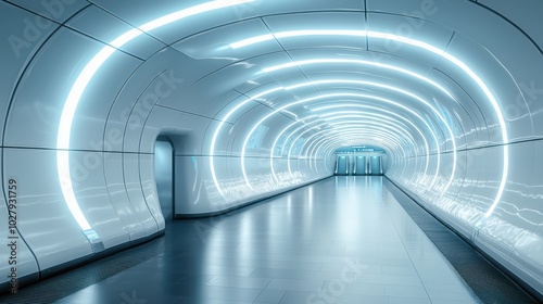 Futuristic subway station with a sleek glowing tunnel and modern architecture featuring bright white and blue lighting design