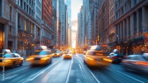 Bustling City Street at Sunset