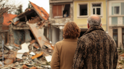 Unhappy individuals observing a destroyed house after an earthquake, expressing despair and tragedy.