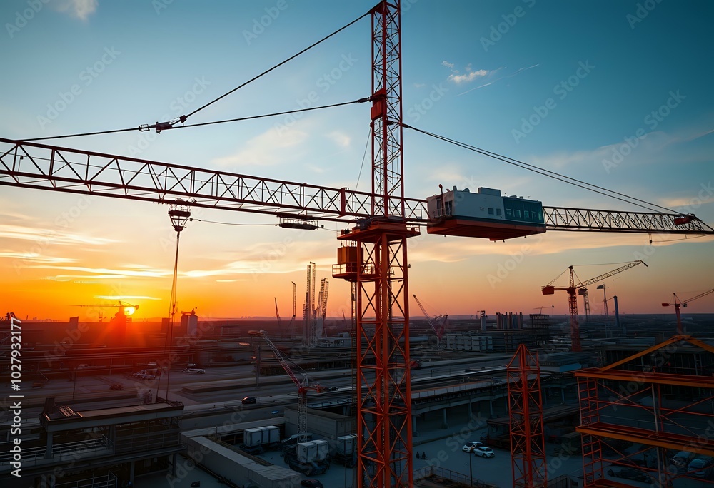 Bustling Construction Site at Sunset: Urban Development Bustling Construction Site at Sunset: Urban Development