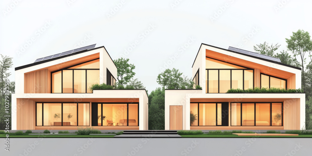 Modern, two-story home with large windows and solar panels on the roof. Modern, two-story home with large windows and solar panels on the roof.
