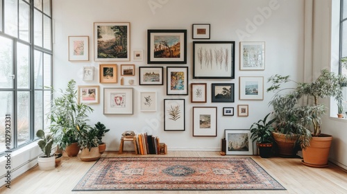 A gallery wall with various sizes of picture frames, displaying art and family photos.