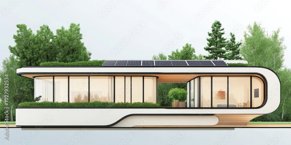 Modern, eco-friendly home with solar panels and a green roof. Modern, eco-friendly home with solar panels and a green roof.