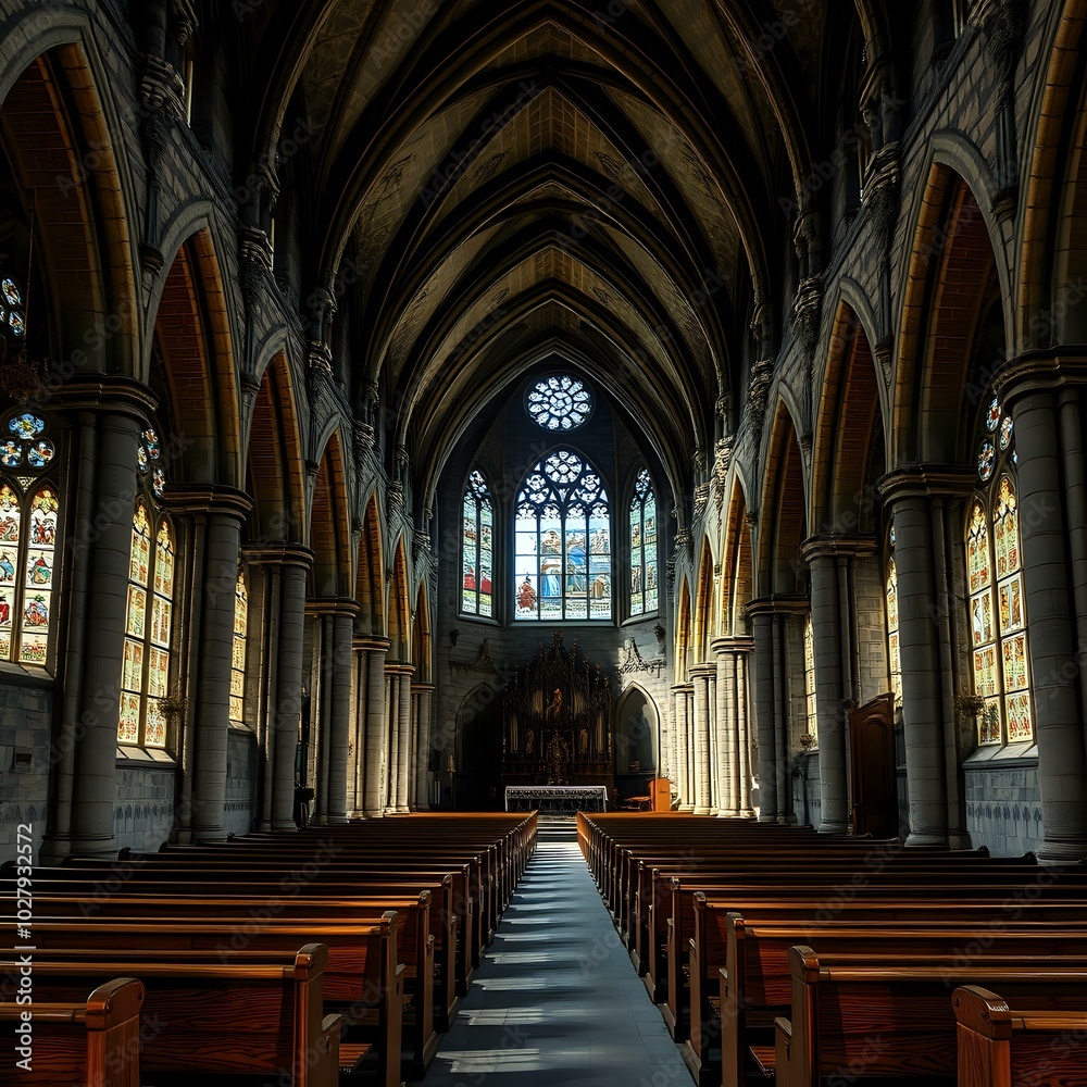 Fototapeta premium Serene Stained Glass Church Interior with Warm Light