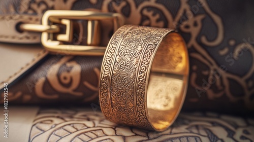 A gold bangle adorned with intricate designs, placed next to a designer handbag.