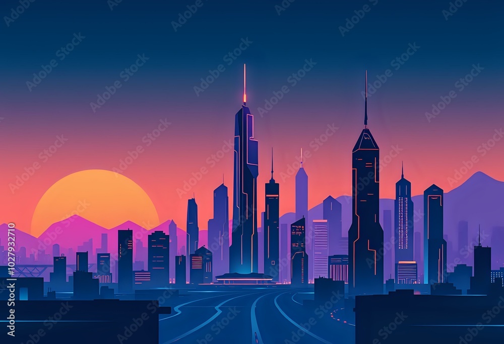 Vibrant Cityscape at Sunset: Modern Metropolis at Twilight Vibrant Cityscape at Sunset: Modern Metropolis at Twilight