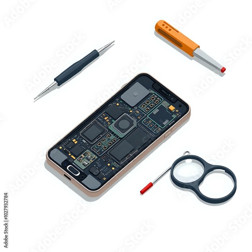 Disassembled Smartphone Circuit Board with Tools for Repair or Maintenance