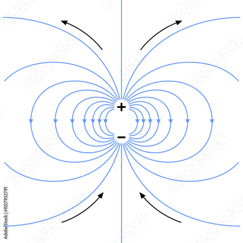 The electric field created by a pair of equal and opposite charges. Vector color illustration.