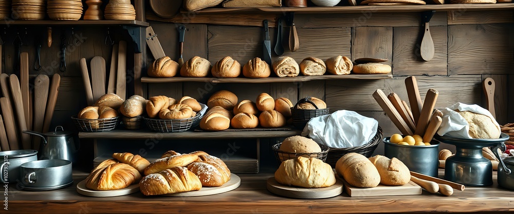 Naklejka premium Rustic Bakery Display Case with Freshly Baked Goods