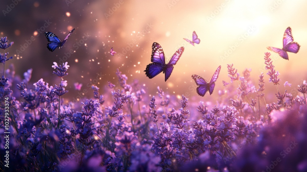 Naklejka premium Butterflies in Lavender Field