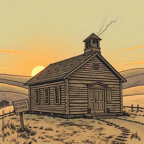 Rustic Wooden Schoolhouse with Greenery Background - Educational Illustration photo