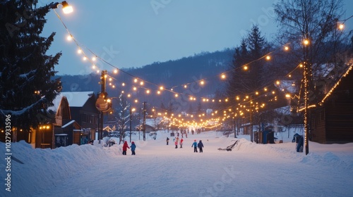 A magical winter street in a snowy village adorned with glowing Christmas lights, creating a festive holiday atmosphere.