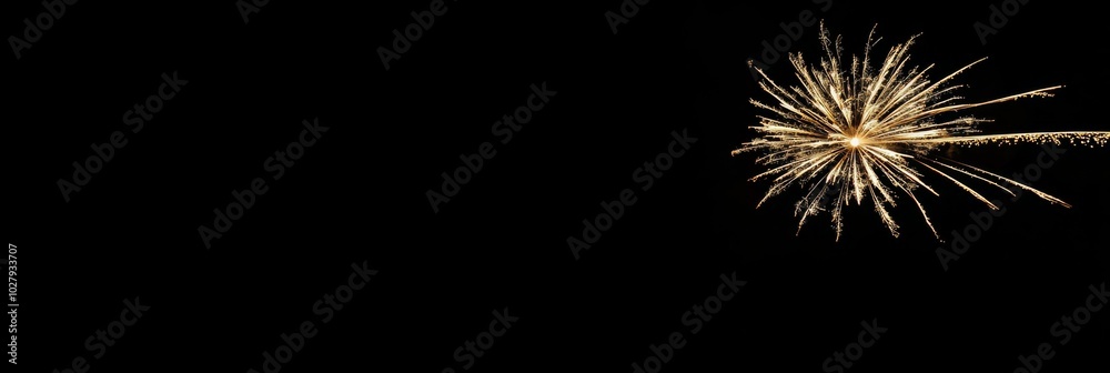 Golden Fireworks Display on Black Background, Capturing the Festive Atmosphere of New Year's Eve Celebrations.