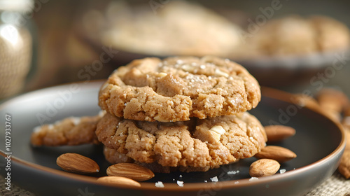 Delicious Homemade Almond Cookies with Sea Salt on a Dark Plate.