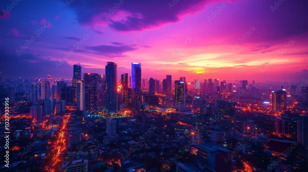 Fototapeta premium Vibrant Urban Sunset Over Cityscape
