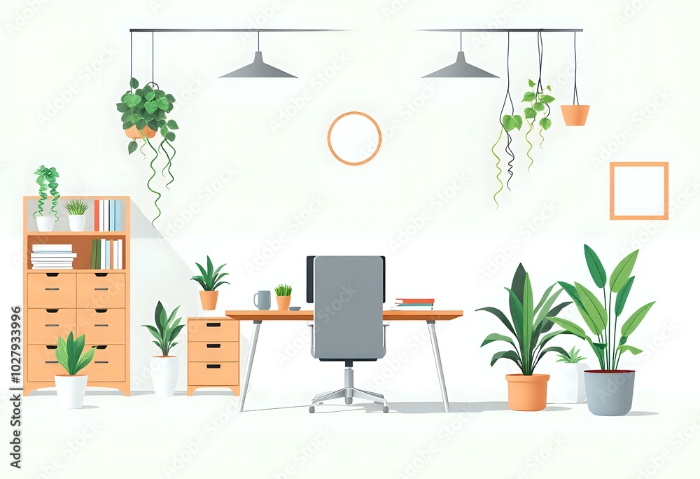 Fototapeta premium Elegant Home Office Setup with Gray Desk and Comfortable Chair