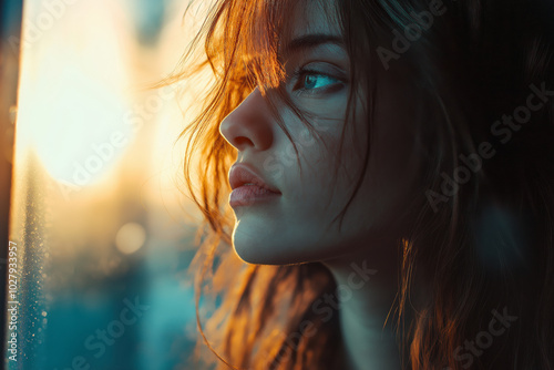 Thoughtful young woman gazing out of a window at sunset, with soft lighting highlighting her profile. Concept of contemplation, emotion, and introspection