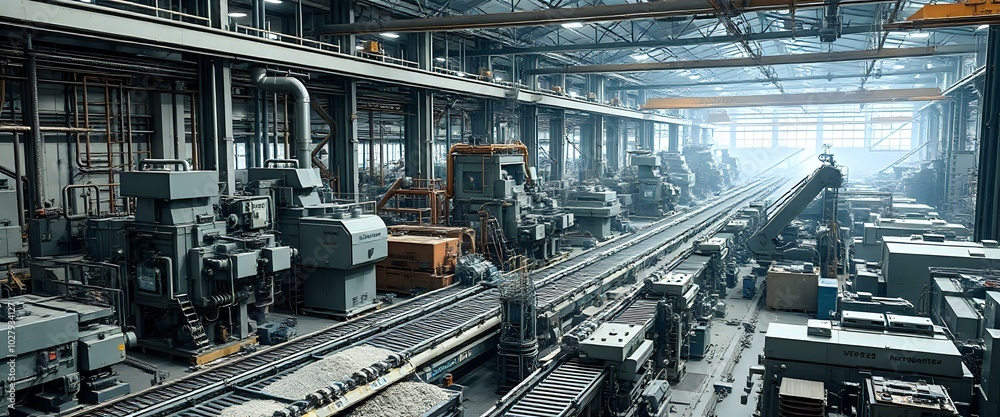 Fototapeta premium Bustling Industrial Factory Floor with Large Green Machine and Orange Tractor