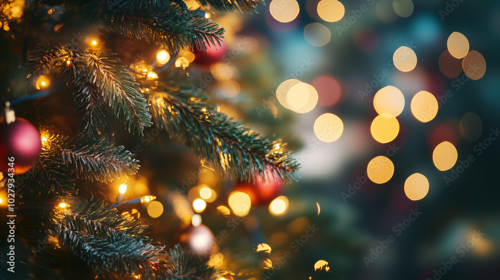 Close-up of colorful Christmas lights wrapped around a pine tree, glowing in the night, festive decorations